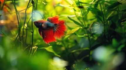 Poster - A Betta fish peeking out from behind aquatic vegetation, its vibrant colors standing out in the aquarium.