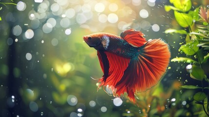Wall Mural - A Betta fish in a tranquil aquatic environment, with green plants and bubbles enhancing its natural beauty.