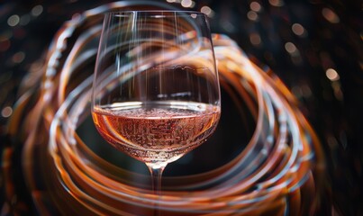 Poster - A futuristic hologram of a delicate glass filled with rose wine, glowing softly in a virtual environment