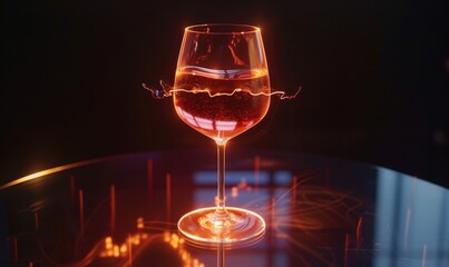 Poster - A futuristic hologram of a delicate glass filled with rose wine, glowing softly in a virtual environment