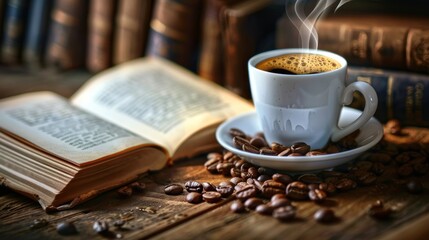 Wall Mural - A cup of coffee drink and coffee beans with a book on a table