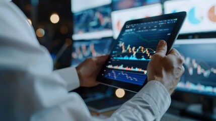 Poster - A businessman analyzing stock market data on a digital tablet in a modern office setting.