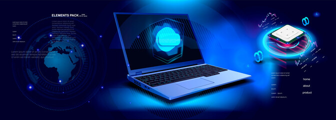 Poster - futuristic cyber banner with open laptop and computer processor. presentation latest laptop model. c