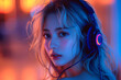© Evhen Pylypchuk - A photo of a cute girl model wearing headphones, featuring a bokeh effect and a cyberpunk style