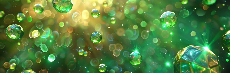 Poster - Abstract Green Gemstone with Bokeh - A large,faceted green gemstone shines in the middle of a green background with bokeh effects.