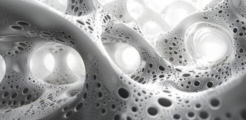 Poster - Abstract White Surface with Circular Patterns - A close-up view of a white, three-dimensional surface with a complex, organic pattern of overlapping circular openings.