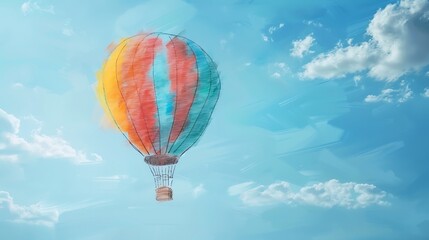 Wall Mural - Hand-drawn sketch of a colorful hot air balloon floating in the sky on a sheet of paper, displayed on a stand, evoking a sense of adventure.