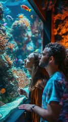 Wall Mural - A couple watches colorful fish swim in a large aquarium tank