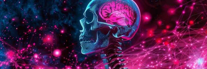 Poster - Digital Skull with Glowing Brain in Neon Lights - A digital rendering of a skull with a glowing brain inside, illuminated by neon lights against a dark background.