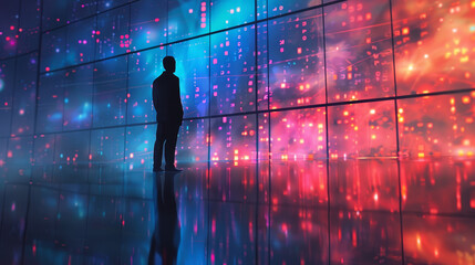 Poster - Silhouette of a Man Looking at the Digital City - A man in a suit stands silhouetted against a large window, gazing at a vibrant digital city scene projected on its surface.