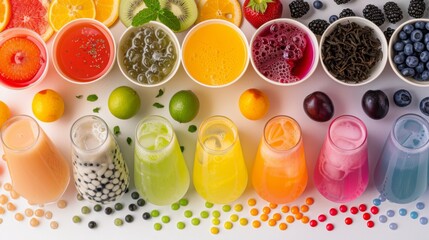 Poster - A colorful display of bubble tea ingredients, including tapioca pearls, fruit syrups, and tea leaves.