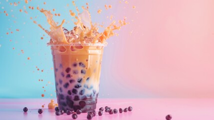 Poster - A creative shot of a bubble tea cup with tapioca pearls spilling out, set against a pastel background.