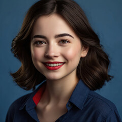 Wall Mural - brunette woman with red lipstick in navy blue shirt