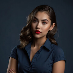 Wall Mural - brunette woman with red lipstick in navy blue shirt