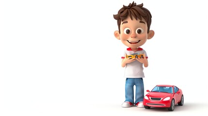 Poster - A cartoon boy holding a toy car and standing in front of a red toy car.