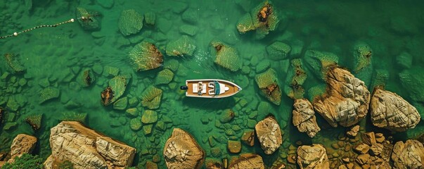 Wall Mural - Aerial view of a boat floating on clear turquoise water surrounded by rocks. Serene and tranquil scene perfect for relaxation and nature concepts.
