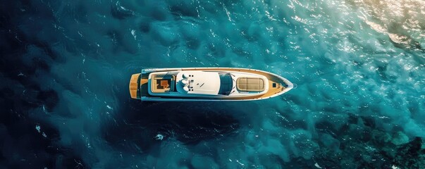 Wall Mural - Aerial view of a luxury yacht sailing on clear blue waters, showcasing a stunning maritime scenery perfect for travel and adventure themes.