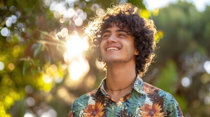 Sticker - A young man with curly hair smiles happily, standing outdoors in a park