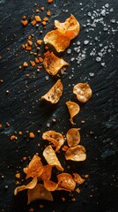 Canvas Print - Tapioca chip slices spin and flip dramatically, showered in sparkling salt crystals and bold black pepper flecks, all set against a sleek, dark slate background.