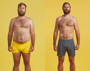 Wall Mural - Man's Transformation: Before and After Weight Loss Pose - Diet, Healthy Nutrition, Fitness Results, and Getting Fit. Liposuction and Plastic Surgery, From Overweight to Slim Athlete. Training Journey