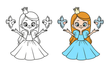 Poster - Cute cartoon little longhaired princess with birds coloring page