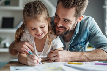Dad and daughter are doing their homework. Young Father helping little girl with class work. Family spending time together, drawing, learning. Single father teaching child to read, write. Parents help