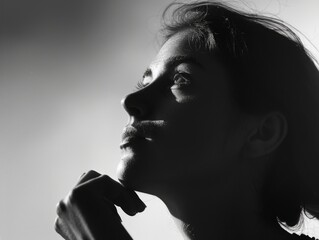 Poster - A woman reflecting on something, with her hand on her chin