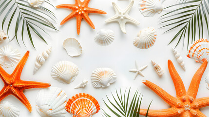 Wall Mural - summer and beach inspired pattern, orange shades cutout at the bottom on white surface, natural elements,