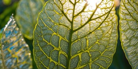 Poster - A macro shot of a green leaf with prominent veins, illuminated by sunlight