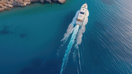 Poster - Aerial view of a luxurious yacht cruising on clear blue water near rocky coastline, leaving a beautiful trail behind. Perfect for travel and adventure themes.