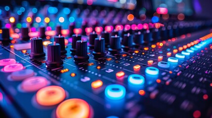 Wall Mural - This image captures an audio mixing desk with a shallow depth of field focusing on sound control buttons