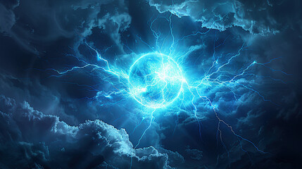 Wall Mural - a dark blue lightning storm with a glowing sphere of light in the center