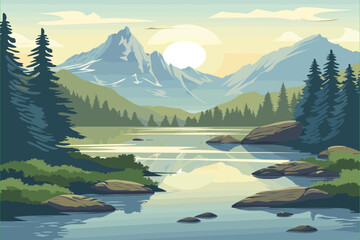 Beautiful mountain lake scenery with clear still water, mountain ridge, dense forest, meadow shores and tall pine trees in the foreground. Generative Ai. landscape river vector Made with Generative AI