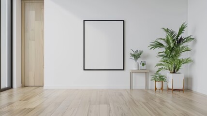 Wall Mural - Empty frame in minimalist hallway, clean white walls, simple decor, wooden floor, natural lighting