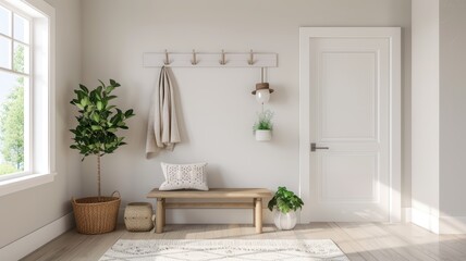 Cozy Minimalist Entryway with Wooden Bench, Plants, and White Door in Bright Natural Light