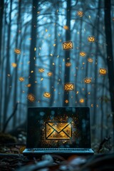 Poster - sleek laptop with glowing email icon encircled by ethereal envelopes for an elegant touch