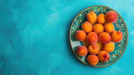 Canvas Print - Top view of apricots on colorful plate with space for writing
