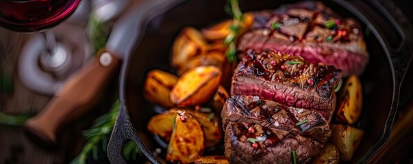 Poster - Delicious grilled steak with roasted potatoes, garnished with fresh herbs, served in a cast-iron skillet with a glass of red wine.