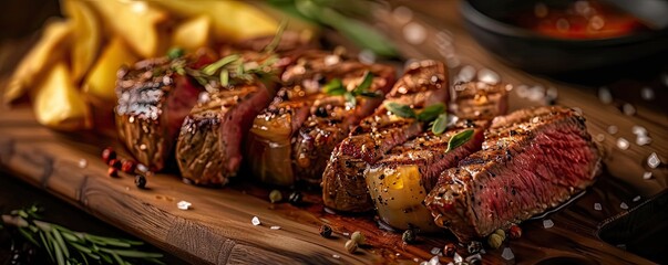 Poster - Juicy, perfectly grilled steak sliced and served with herbs and seasoning on a wooden board, accompanied by crispy potato wedges.
