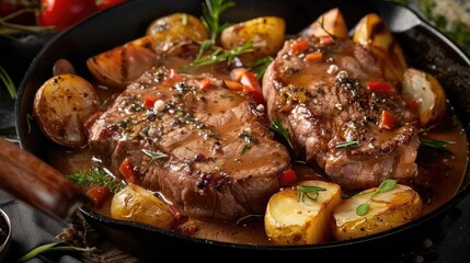 Canvas Print - Delicious grilled lamb chops with roasted potatoes and fresh herbs in a skillet, perfect for a gourmet dining experience.