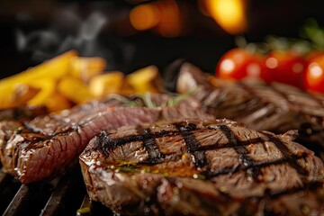 Wall Mural - Juicy grilled steaks with perfect grill marks, paired with cherry tomatoes and crispy fries, sizzling on a barbecue in a lively outdoor setting.