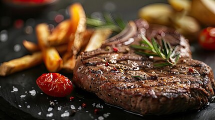Wall Mural - Close-up of a succulent grilled steak garnished with rosemary and served with fries and roasted tomatoes on a black plate.
