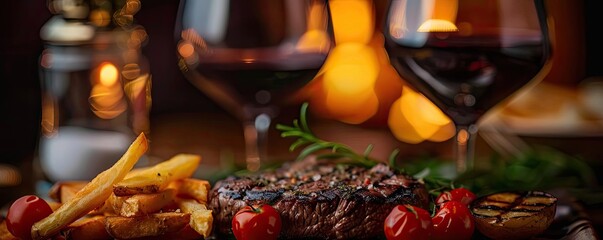 Wall Mural - Elegant dinner setting with two glasses of red wine, grilled steak, French fries, and cherry tomatoes, illuminated by warm candlelight.