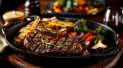 Canvas Print - Juicy grilled steak served in cast iron skillet with roasted vegetables and wine for a perfect gourmet meal.