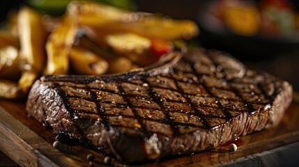 Canvas Print - Delicious grilled steak served with crispy french fries, perfect for a savory meal. Close-up shot emphasizing the juicy texture of the steak.