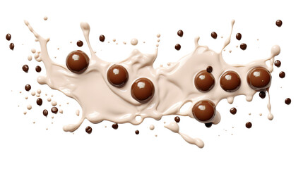 Wall Mural - delightful milk drops and chocolate splashes over transparent background - 3d digital art top view c