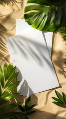 Wall Mural - Plantfilled sheets on sandy ground, surrounded by lush tropical leaves