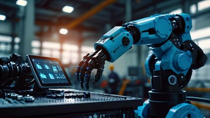 A blue robotic arm is shown in the image. It is holding a screen that displays a control panel.