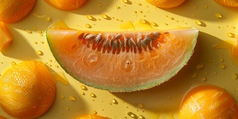 Fresh Melon Slice with Yellow Background and Orange Melon Balls