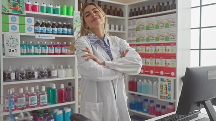 Sticker - Confident young female pharmacist in a white coat arms crossed in front of medication shelves indoors.